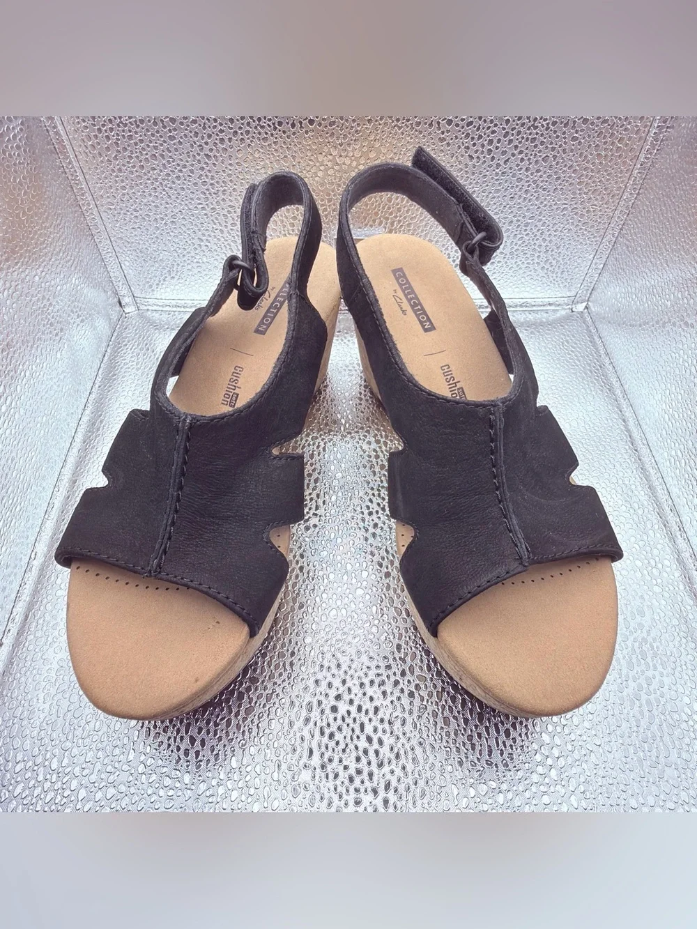 Clarks Black Suede Slingback Wedge Sandals